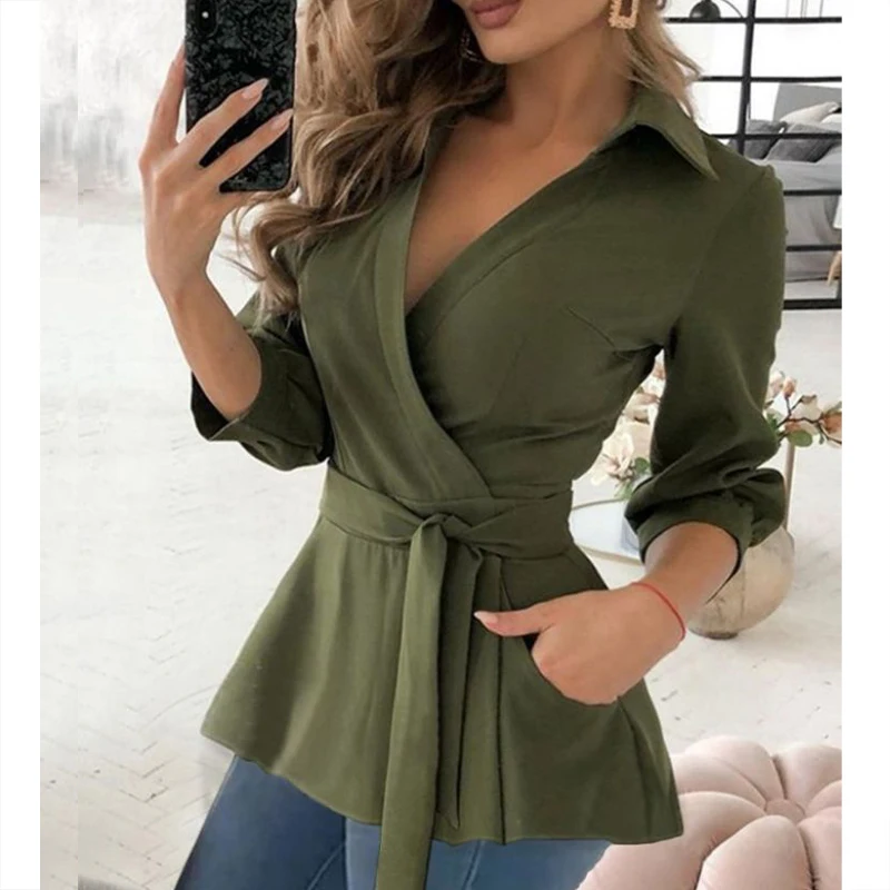 Autumn Elegant Fashion Chic New Shirt Women Solid Color Irregular Three Quarter Sleeve V Neck Pocket Solid Color Drawstring Top