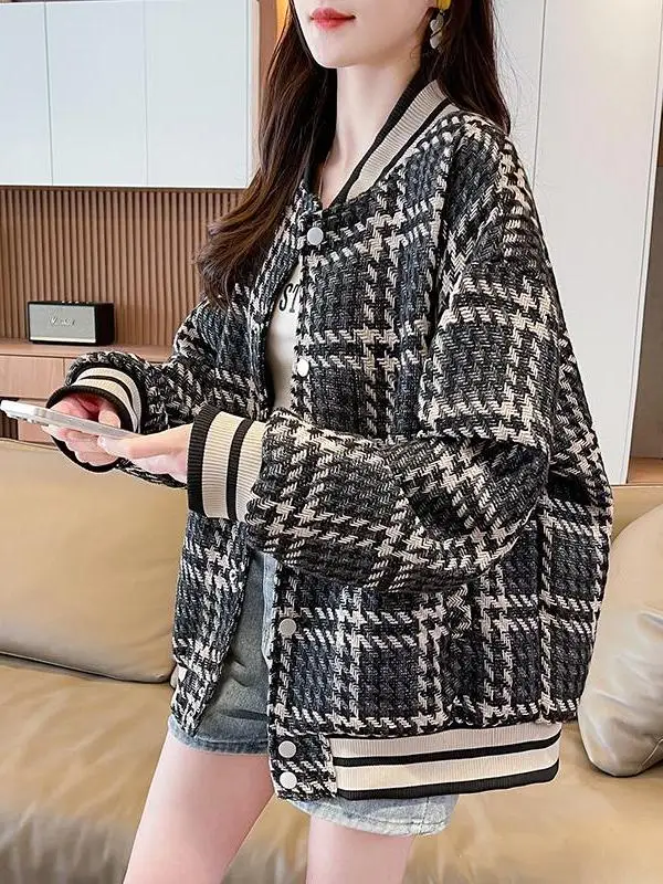 Jaet de béisbol a cuadros para mujer, ropa de abrigo a la moda para primavera, Otoño e Invierno, Top holgado con forro de Fce para estudiantes de secundaria