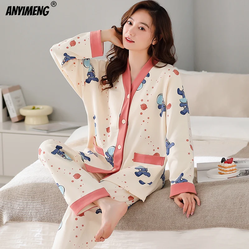 Plus Size M-5XL Winter New Cotton Women Pajamas Kimono Style Cardigan Long Sleeves V-neck Homesuit Lady Pijamas Set Loungewear