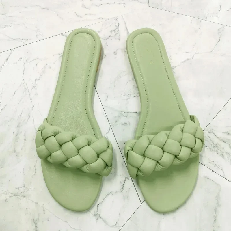 Fashion Open Toe Women Sandals Casual Summer Leather Shoes Woman Slip-on Ladies Slides Beach Solid Weave Modern Flat Sandal