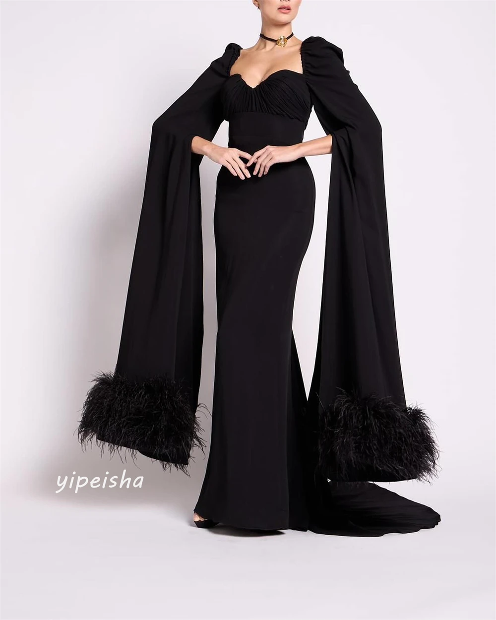 Jersey Feather Ruched Valentine's Day A-line Sweetheart Bespoke Occasion Gown Long Dresses