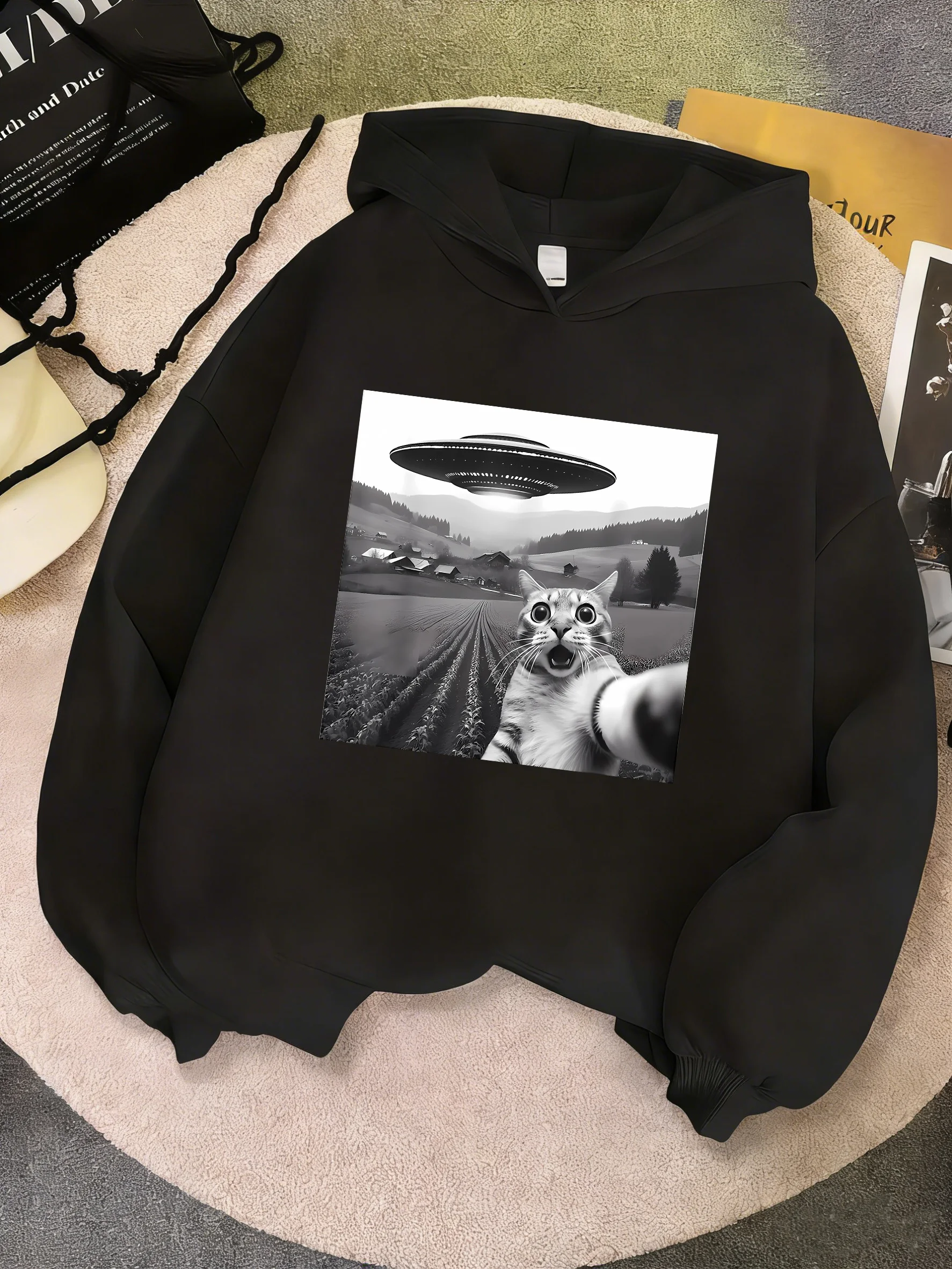 Lustiges, lässiges UFO-Katzen-Kinder-Sweatshirt, süßer Harajuku-Kapuzenpullover für Jungen und Mädchen, Herbst-Frühling, lässige Hoodies