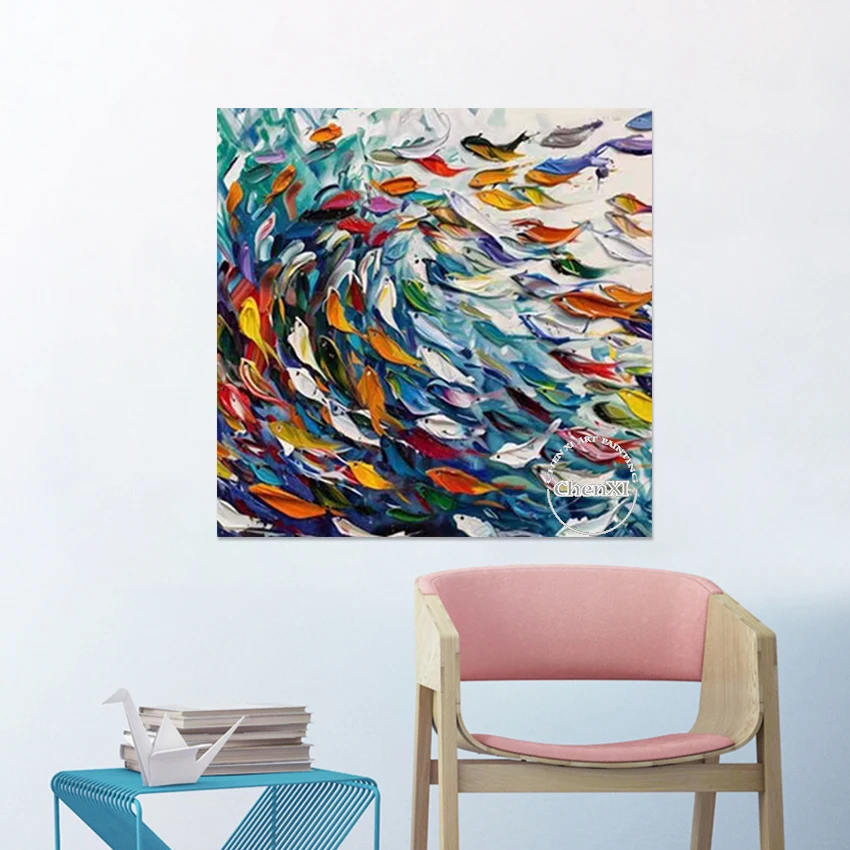 Modern Style Abstract Fish Art Wall Colorful Acrylic Design Textured Paintings Frameless Canvas Artwork Picture Wholesale Cheap