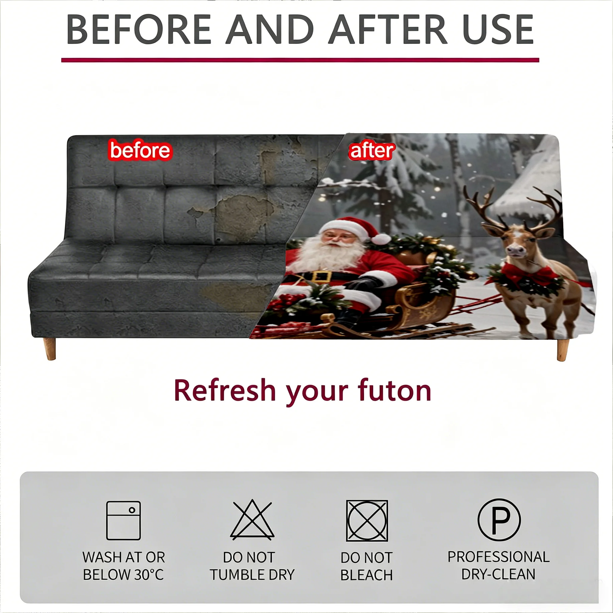 1PC Christmas Santa Reindeer View Village Printed Elastic Folding Sofa Bed Cover, Holiday Decoration Armless Sofa Bed cover