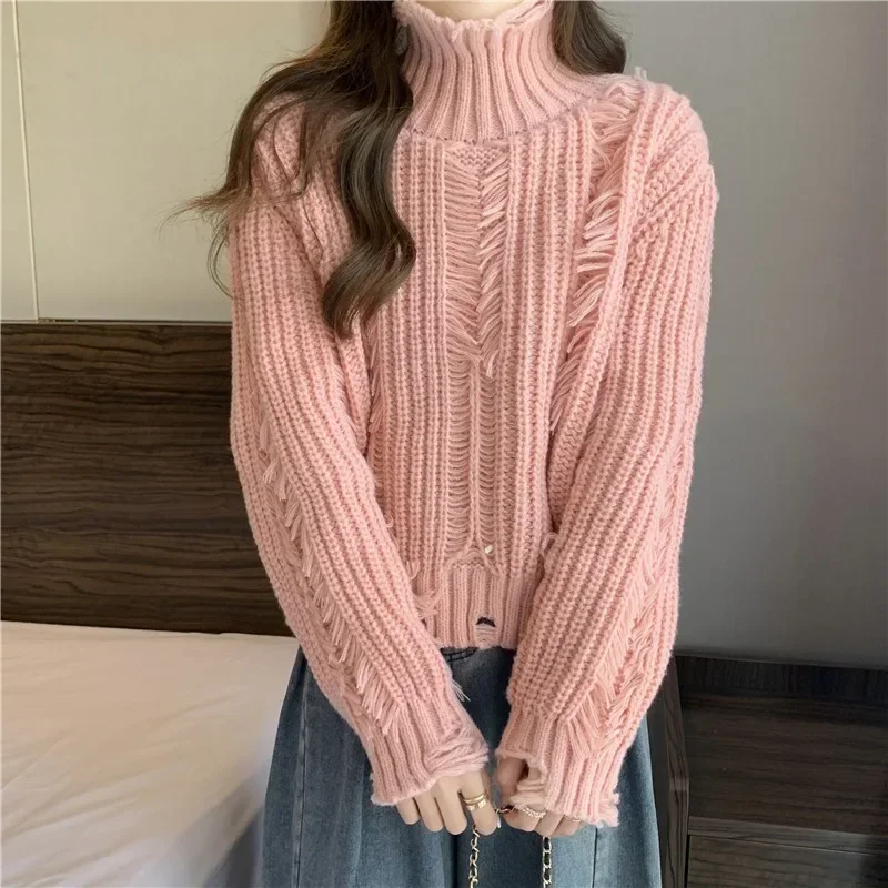 Women New Tassels Hollow Out High Collar Knitted Sweater Chic Furry Solid Colors Knitted Pullovers Autumn Winter Warm Jumpers