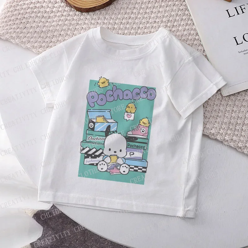 Camiseta de Pochaccos con estampado Kawaii para niños, ropa informal de dibujos animados, manga corta, Y2K, Tops para niños y niñas, novedad