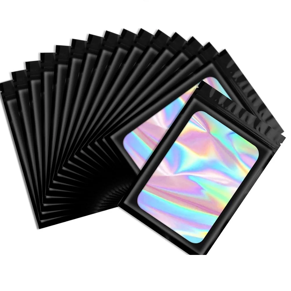 50PCS Black Mylar Holographic Resealable Bags Clear Packaging Bags Proof Foil Pouch Bag For Jewelry, Eyelash Packaging