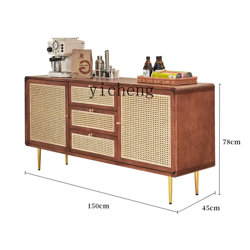 ZC Solid Wood Rattan Sideboard Cabinet Living Room Locker Kitchen Furniture Storage Chest of Drawers