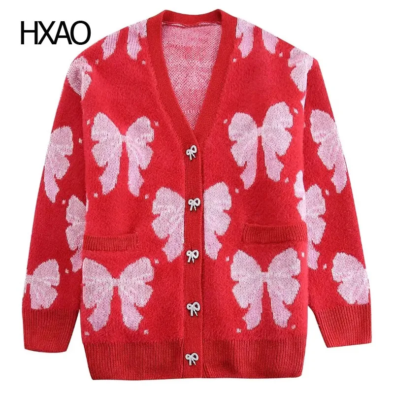 

HXAO Cashmere Cardigan Women Knitted Cropped Sweater Bow Long Sleeve Cardigan New In Knitwears Woman V-Neck Crop Knit Tops 2024