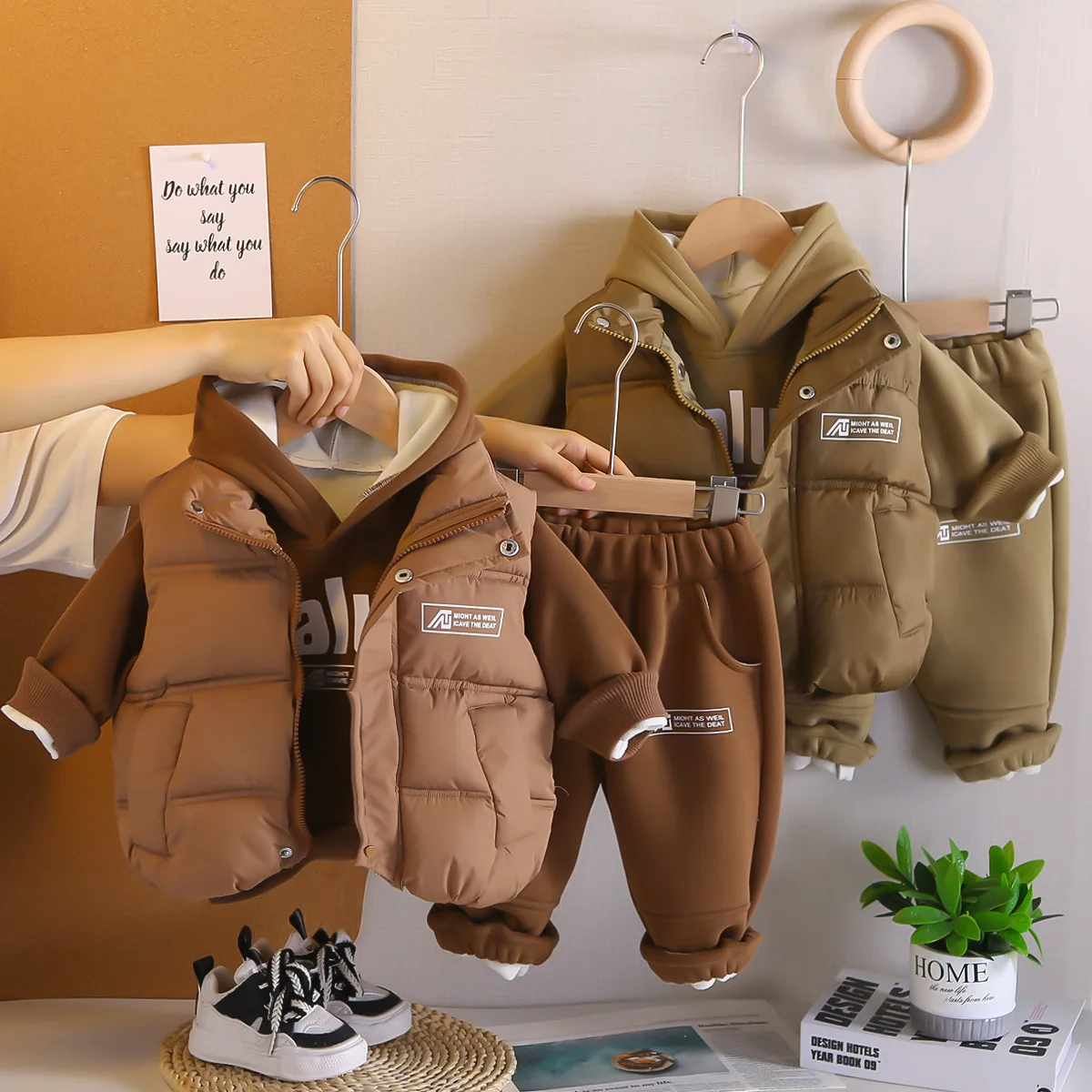 ‌Winter Children Cotton Lined Set 3-Piece Outfit Warm Vest + Hoodies + Pants for Toddler Girls Boys 1-5 Years Old