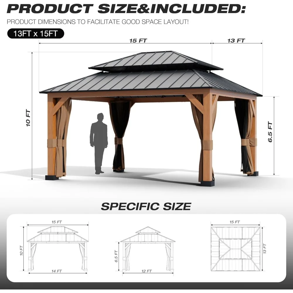 Faux Wood Gazebo with Curtains and Wood-Grain Aluminum Frame, Patio Gazebo with Thermal Transfer Aluminum Frame