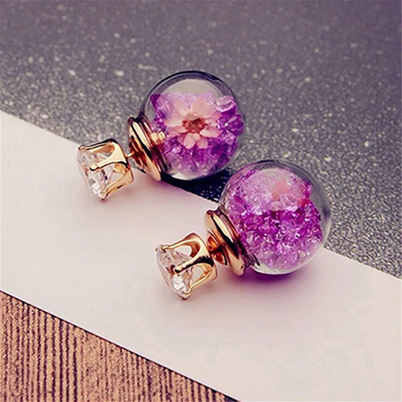 Fashion Simulated Glass Ball Earrings Flower Korea Jewelry Double Side Ball Stud Earring Statement For Women