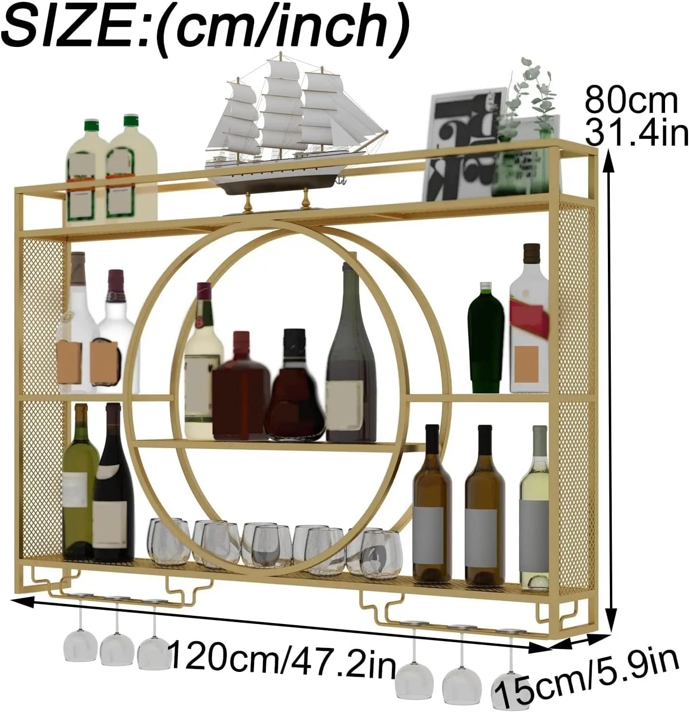 Wall Mounted Wine Rack, Metal Large Capacity Hanging Wine Rack, 3 Layer Round Wine Rack, Wall Bar Cabinet With Glass Holder