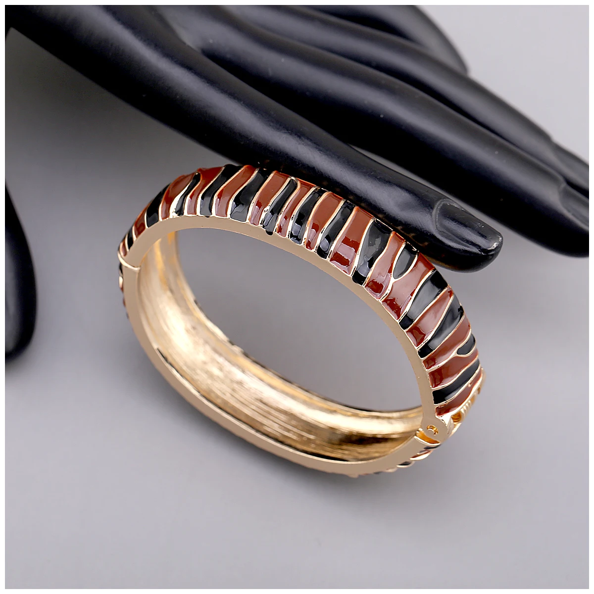 Multi Color Enameled Stripes Statement Bangle Cuff Bracelet for Women, Gold Plating Hinge Spring Chunky Bangles Fashion Jewelry