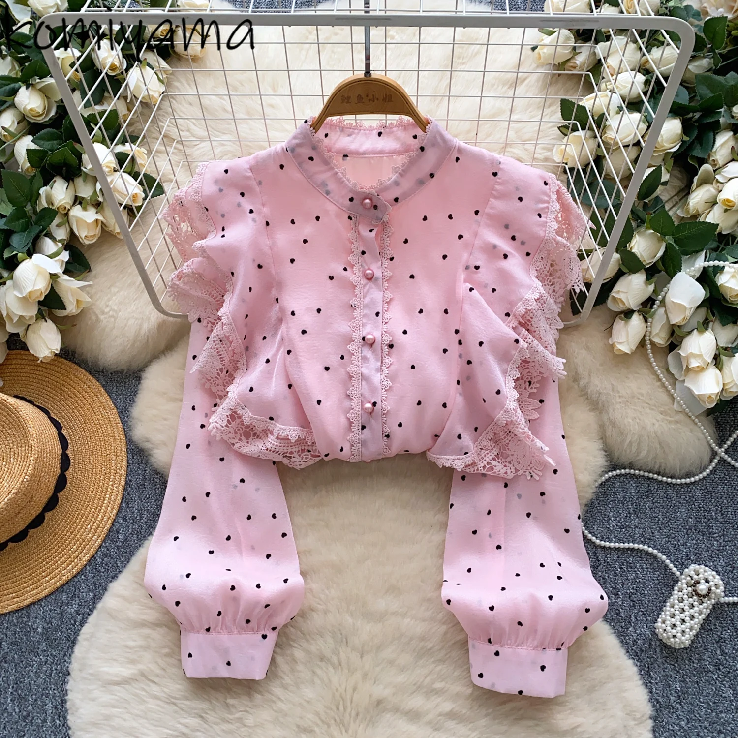

Love Hear Print 2025 Shirts & Blouses Lace Ruffles Blusas Mujer Autumn Gentle Woman Clothing Lantern Sleeve Ropa Camisas
