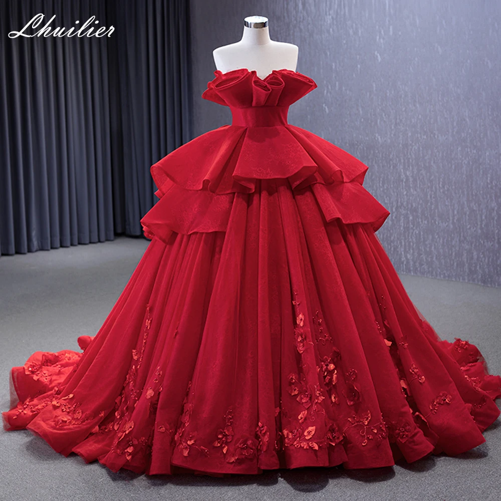 Lhuillier Elegant Ball Gown Red Lace Wedding Dresses Floor Length Sleeveless Bridal Dress with Chapel Train