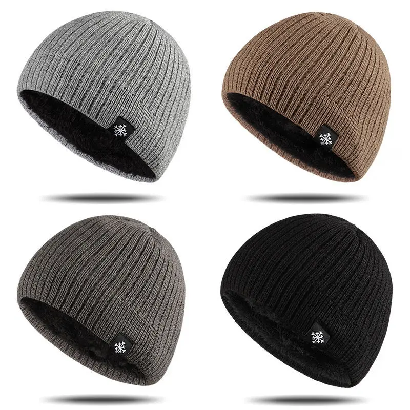 1 piece of snowflake logo striped knitted hat, autumn and winter double-layer velvet thickened warm and comfortable brimless hat