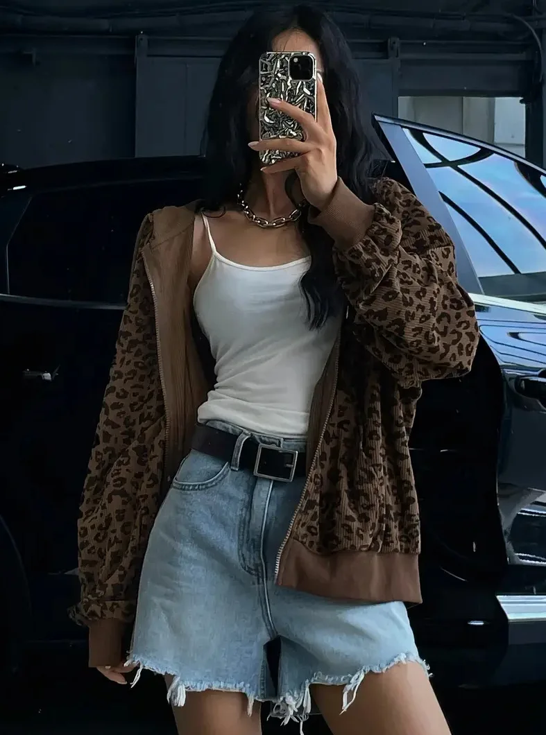 Women Leopard Print Ribbed Knit Hooded Jacket Zip Up Loose Long Sleeve Hoodie Coat Casual Streetwear Outerwear
