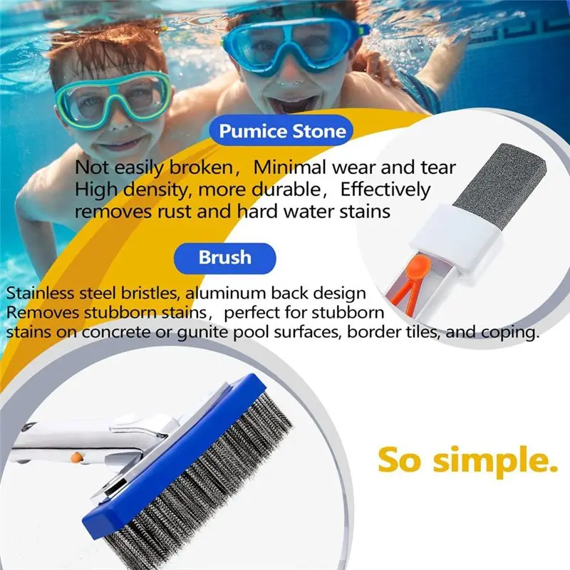 A96K-Pool Pumice Stone And 5 Inch Stainless Steel Pool Brush Kit To Reomve Erase Rust Stain Spot In Concrete Plaster Pool Spa