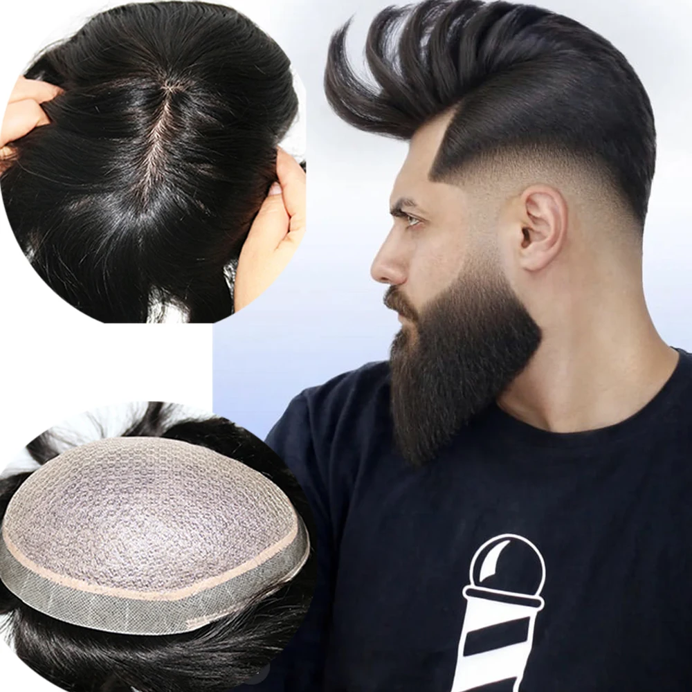 Rambut palsu pria dasar sutra renda M Top terbaik dengan PU dan renda Swiss 100% rambut manusia lurus kulit kepala alami terlihat bernapas