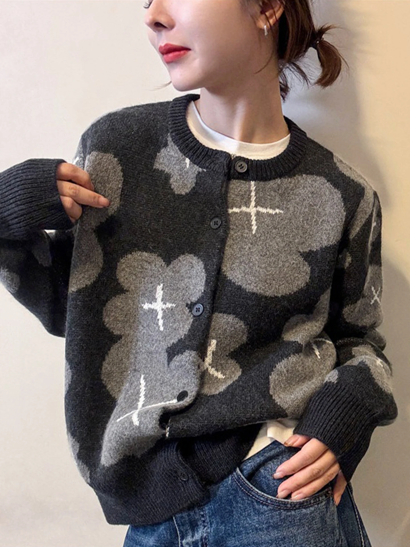 

Trendy Color Blo Long Sve Camere Knitted Sweater Winter Commute Versatile Single Button Open Cardigan Soft Korean Sle