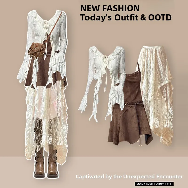 Rebel Chic Ensemble t-shirt Haut en dentelle irrégulière Jupe creuse Slim Fit Dr Vintage Sle Long Sve Printemps Été Au...