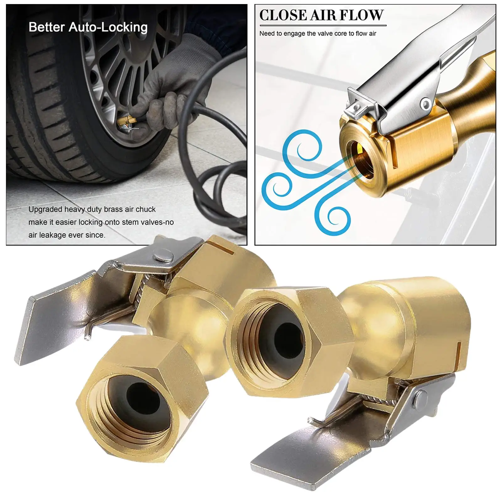 2x Closed air Chucks with clip Pump Clip Tire Inflator Connector Brass Universal