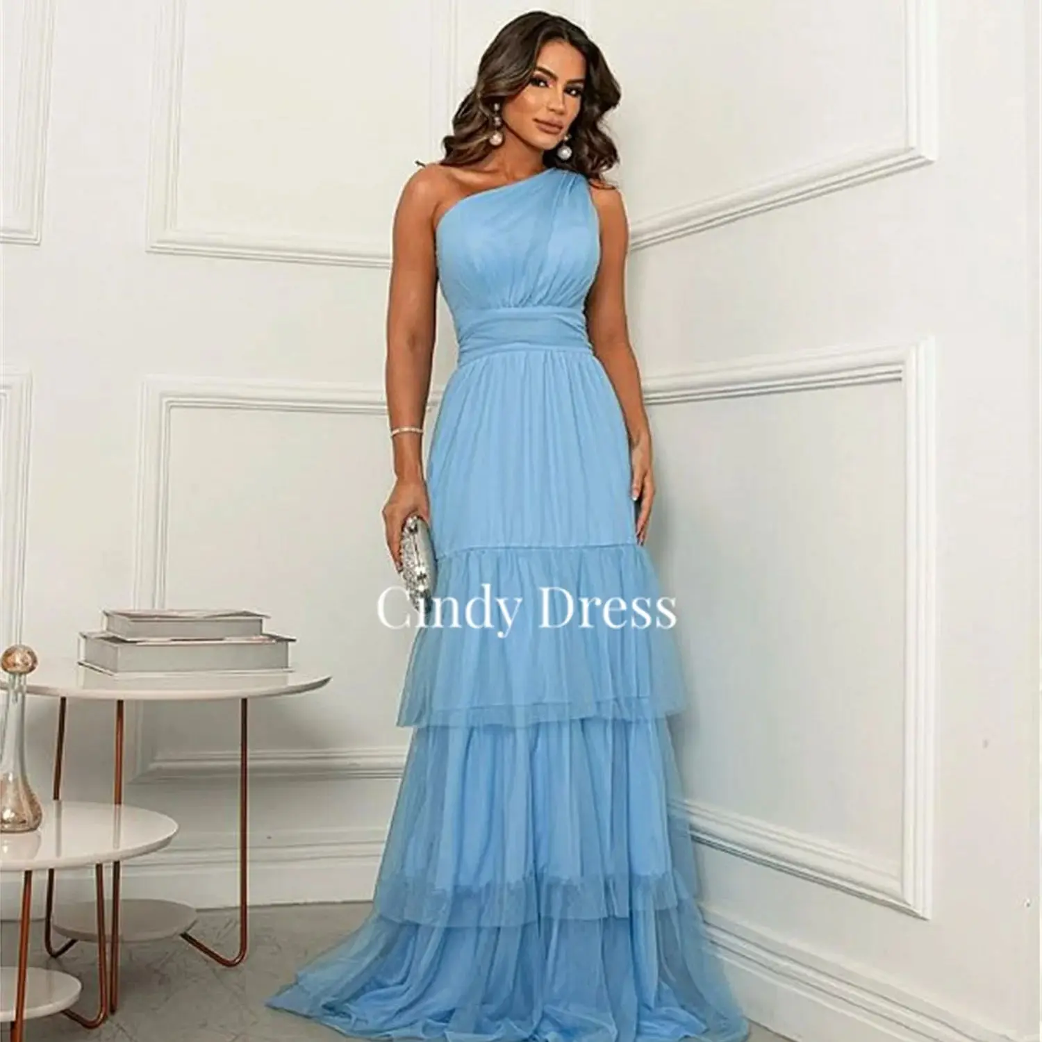 Cindy One Shoulder Long Style Multi-layer Blue Formal Dress Women Elegant Party Dresses Gala Ball Gowns Evening Gown Wedding