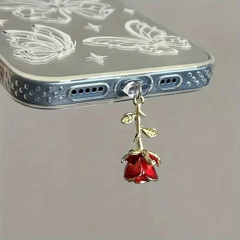Red Rose Dustproof Plug Accessories for Mobile Phones, Mobile Phone Decorative Pendants, Suitable for Iphone, Suitable for Samsung Type-C Charging Port, Valentine's Day Gift