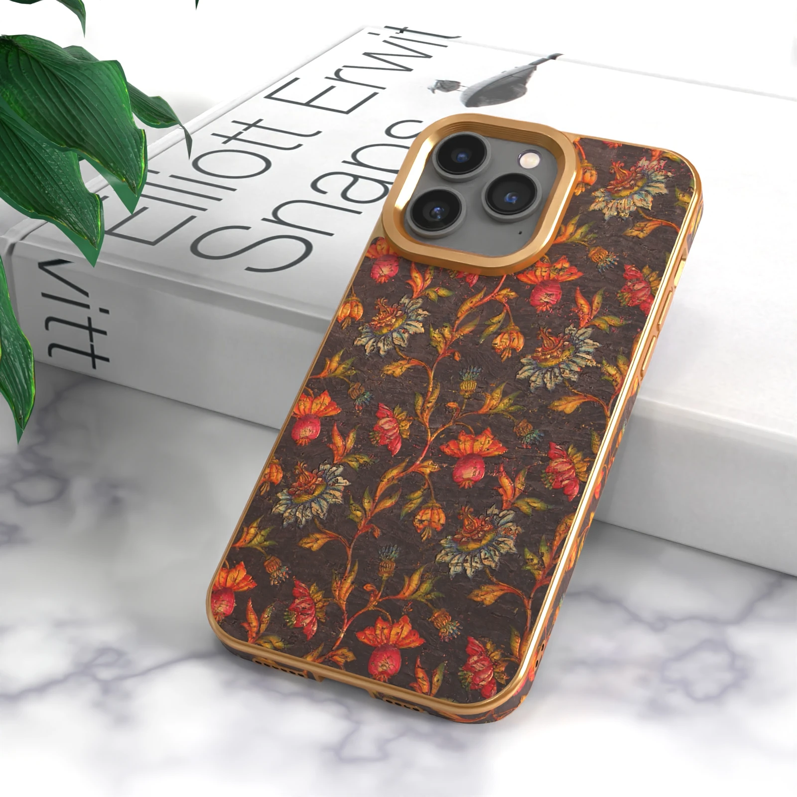 

Floral Texture Luxury Wooden Phone Case For iPhone 12 13 14 15 Pro Max Plus Plating Frame Lens Protection Shockproof Cover Funda