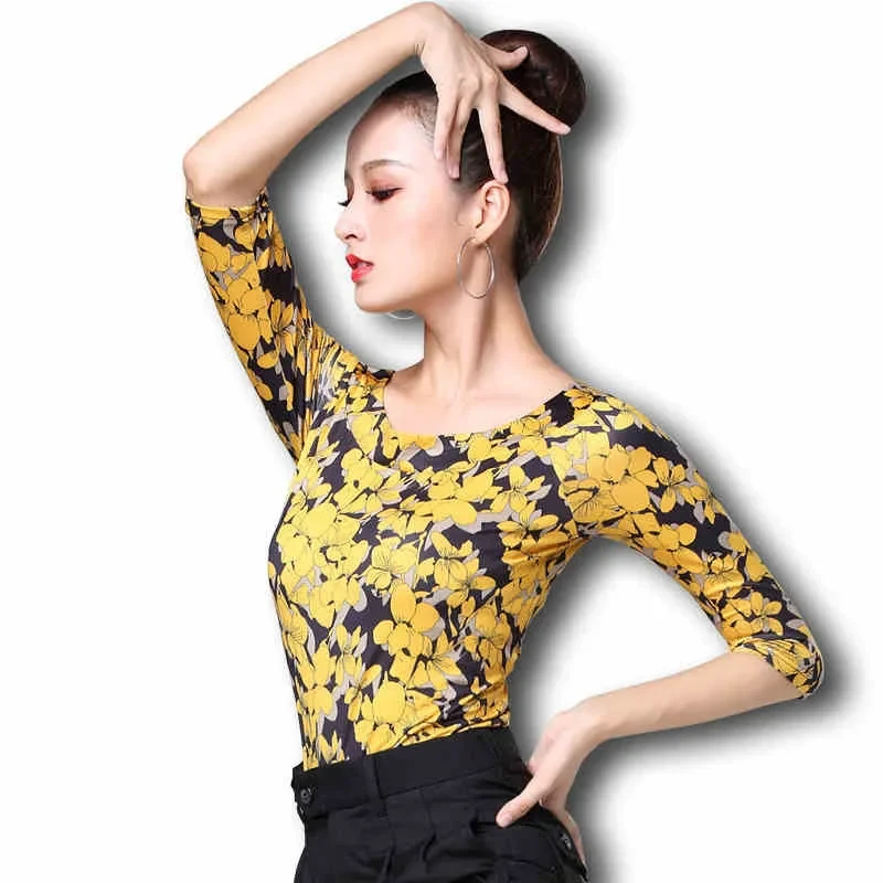 Latin Dance Advanced Printed Half Sleeved Top Women's Chacha Tango Samba Professional Practice Clothes Adult Modern Dancing Tops