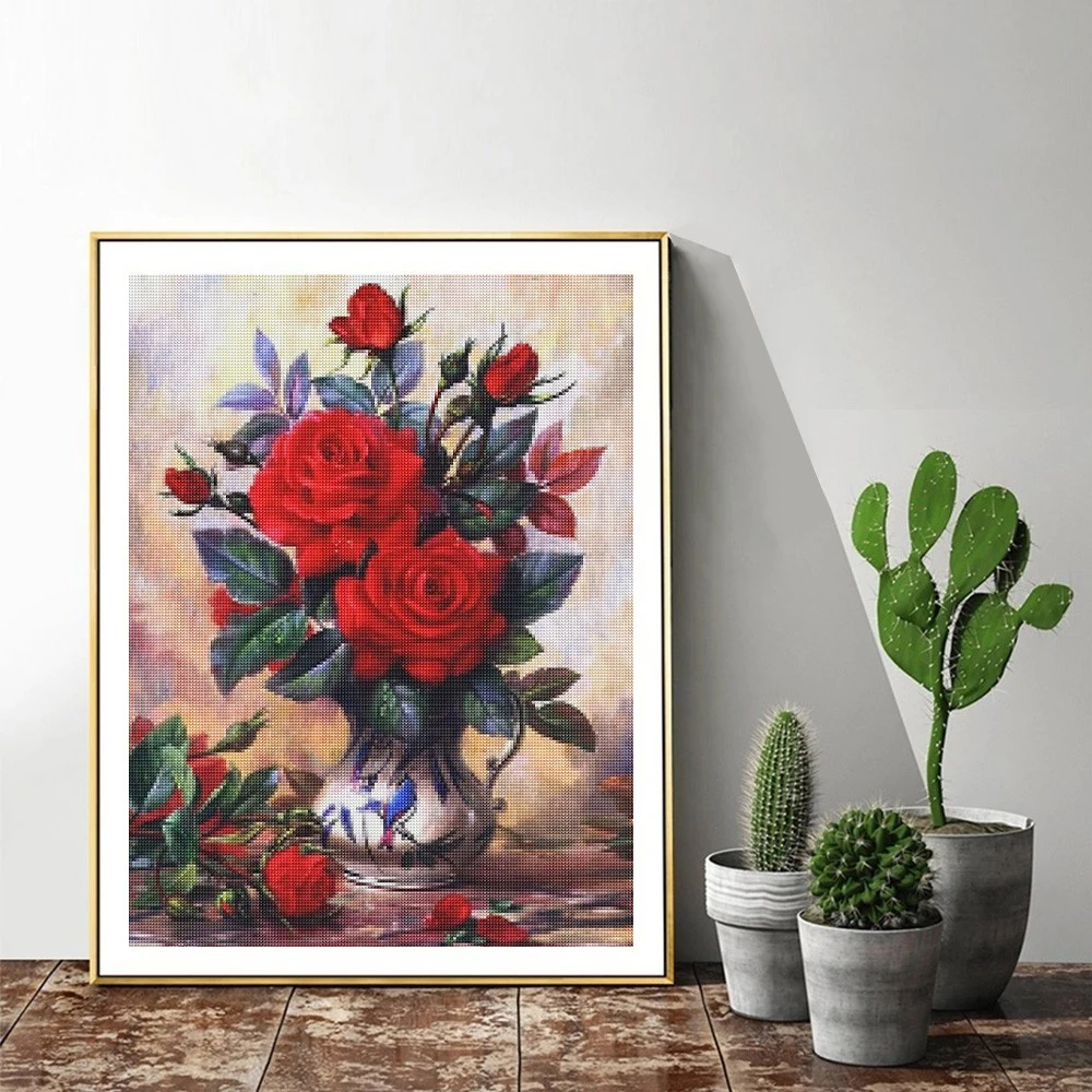 5D DIY Diamond Painting Kit Flower Vase Cross Stitch Diamond Art Mosaic Diamond Embroidery Rose Full Diamond Home Decor Gift