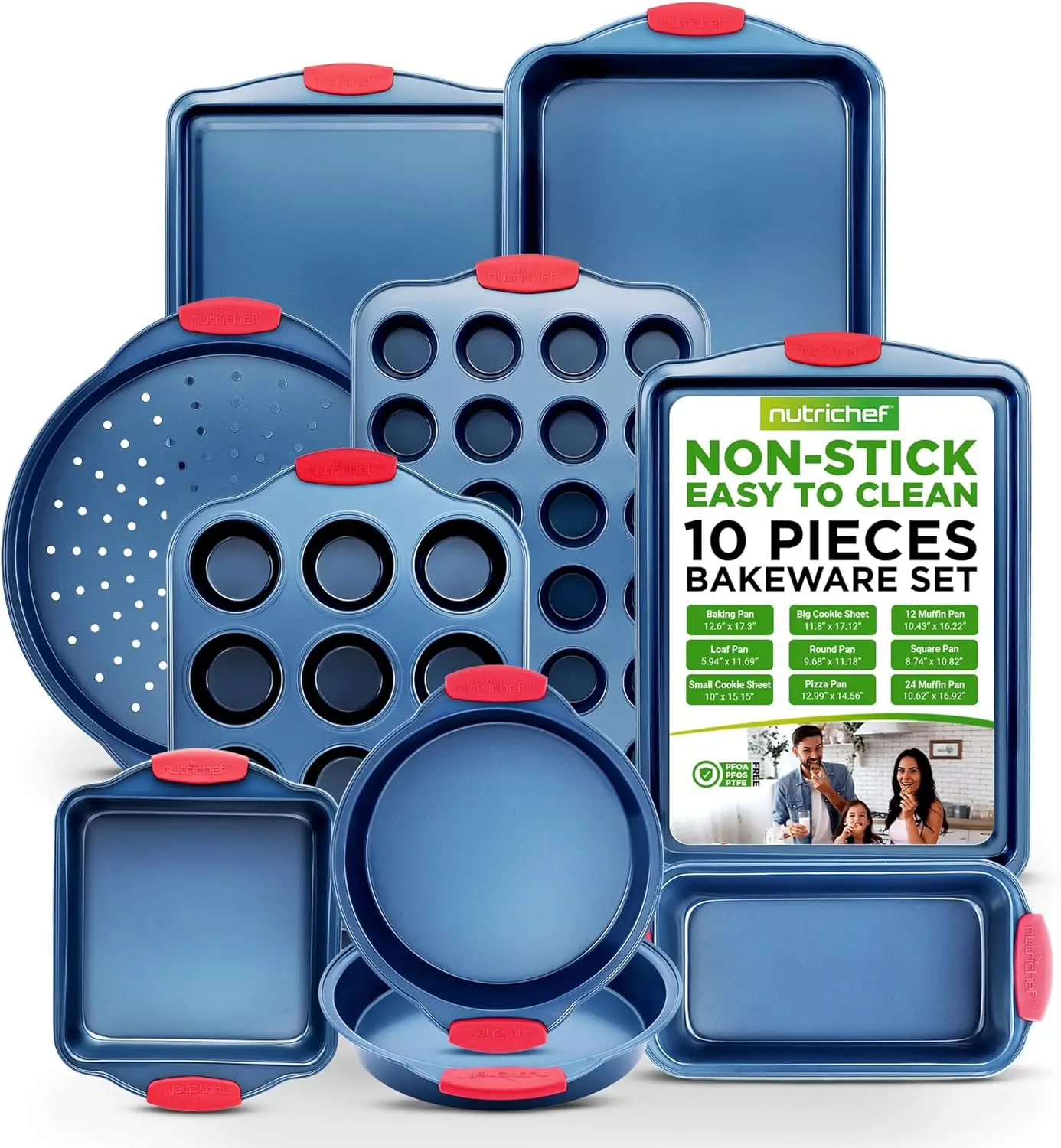 

10-Piece Nonstick Bakeware Set with Silicone Handles, Includes Pizza Tray, Muffin Pans, and More - Blue