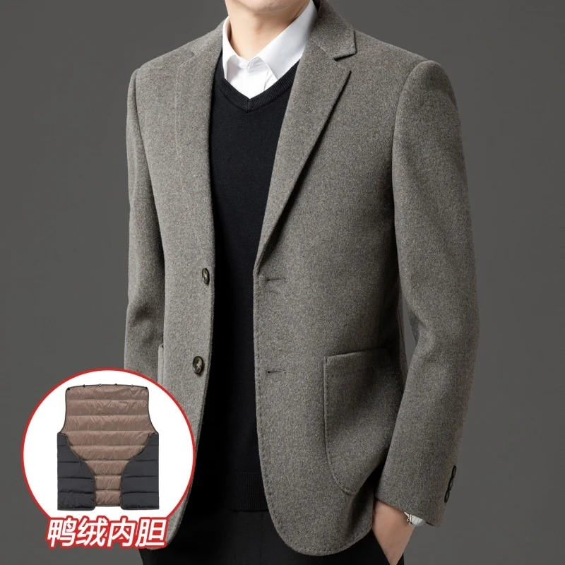 

Men's Double Sided Wool Blazer Detachable Duck Down Liner Two Button Notched Lapel Winter Business Casual Suit Coat
