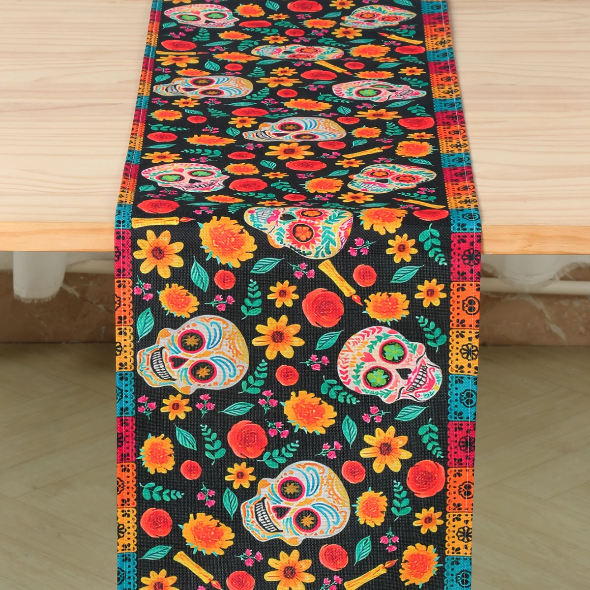 

Mexican Day of The Dead Linen Table Runners Mexico Dia De Los Muertos Sugar Skull Table Runner for Home Party Dining Table Decor