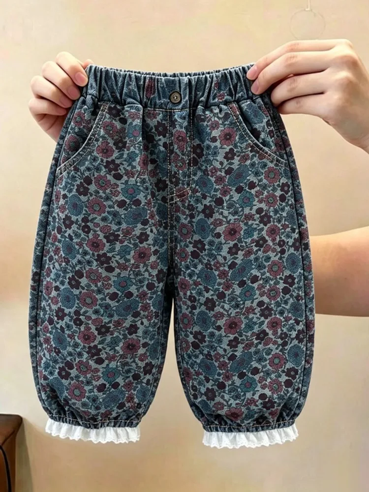 Girls Floral Print Loose Trousers Autumn Season High Waist Straight Leg Pants Casual Fashionable Country Lace Cuffed Pants