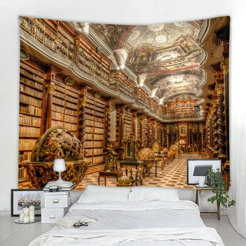 Retro bookshelf 3d digital printing tapestry book wall hanging art wall tapestry mysterious library tapestry