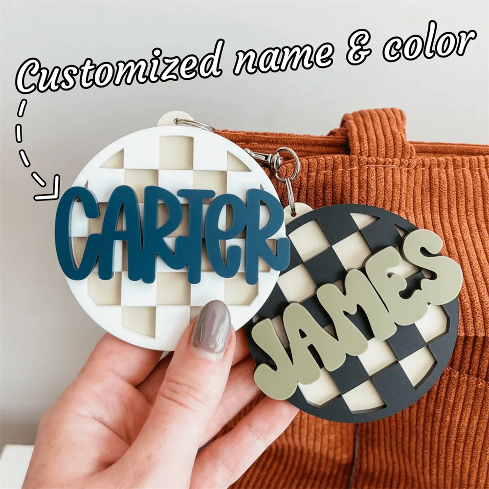 Custom Name Keychain Personalized Cut Round Plaid Three-Layer Acrylic Backpack Key Chain Party Decoration Gift Custom Keychain