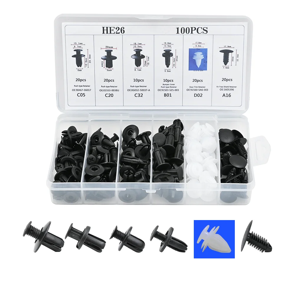 100PCS HE26 Car Rivet Fixing Hook Set For Fender Clamps Plug Suspension Rivet Threshold Repair Clamp On Finish Panels