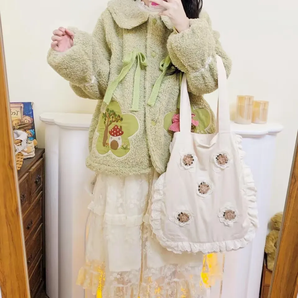 Green Color Japanese Style Retro Embroidered Sweet Doll Collar Butterfly Knot Thickened Lamb Fur Warmth Outerwear Cotton Coat