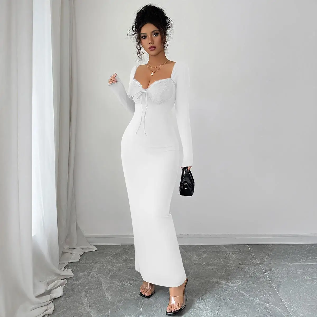 E Vestido Cruzado de Encaje de Color Puro, Moda Femenina, Cintura Alta, Manga Larga, Otoño Invierno, Vestido de Calle