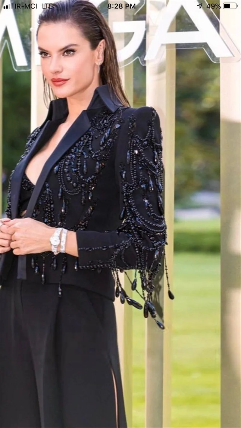 Black Crystals Women Suits Set 2 Piece Short Blazer+Pants Trousers Customized Formal Office Lady Jacket Cotton Wedding Coat