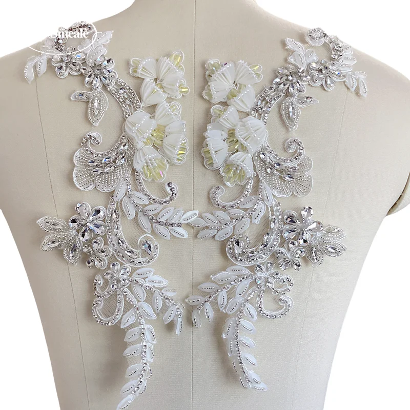 Handgenähter Glasbohrer, Spiegelblumen, 1 Paar, 6 Farben, funkelnde Strassapplikationen für Hochzeitskleider, Taillenbänder, Schultern, DIY-Applikationen – Detail 10