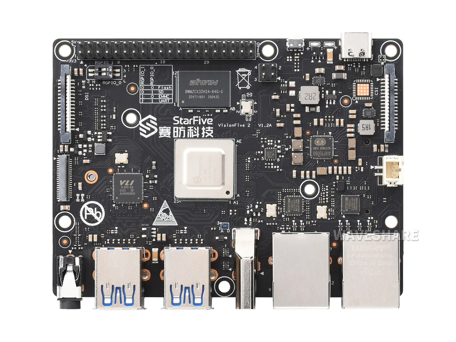 Computadora de placa única VisionFive2 RISC-V, procesador StarFive JH7110 con GPU 3D integrado, base en Linux