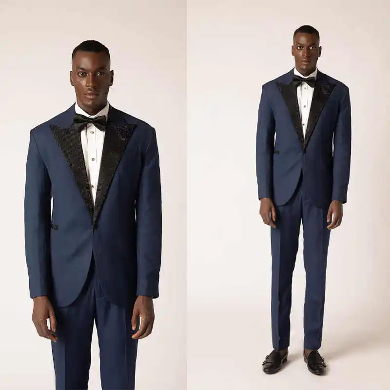 

Elegant Men Suits Tailor-Made 2 Pieces Blazer Black Pants One Button Peaked Lapel Beaded Business Wedding Plus Size Customized