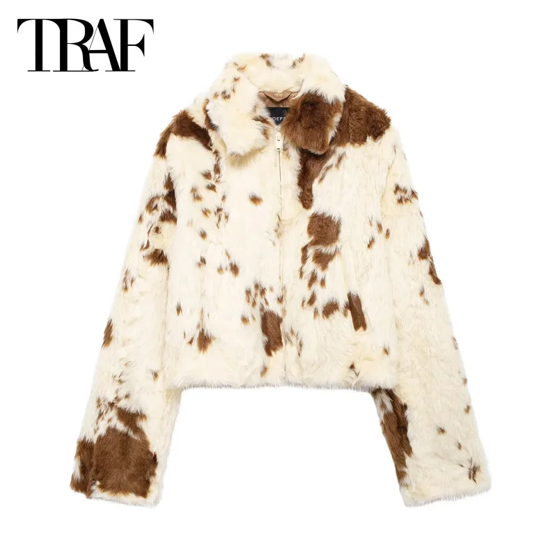 TRAF Furry Cropped Jacket Outerwears Women\'s 2024 Autumn Winter Patchwork Short Coat Ladies Fashion Casual Elegant Plush Jacket