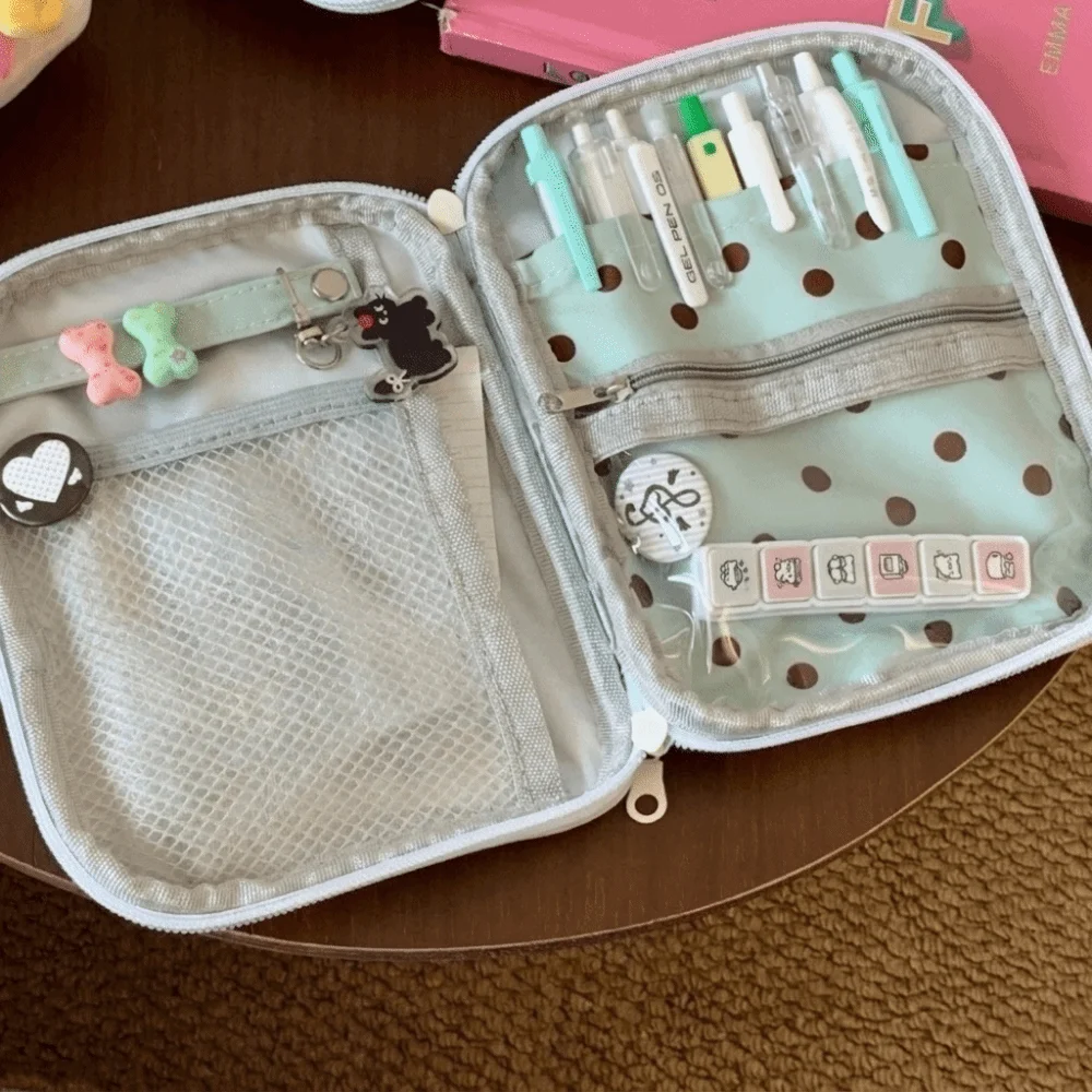 Cute Multi-Layer Polka Dot Pencil Case Transparent Window Lightweight Passband Holder Large Capacity Portable Makeup Bag Girls