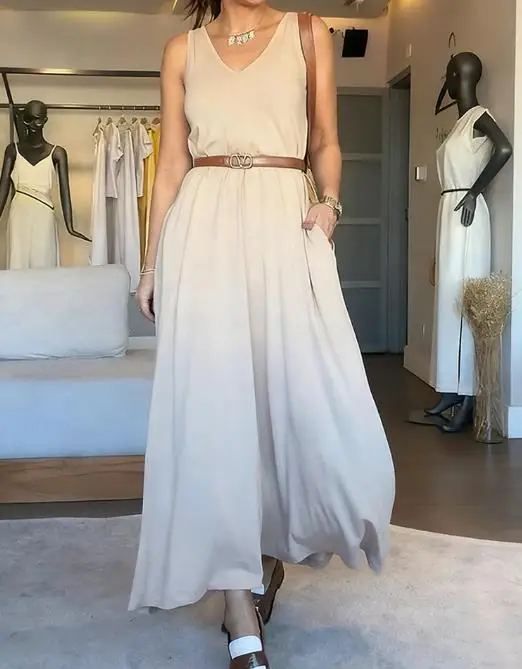 

Womens Dresses 2025 Spring Summer New Solid Color V-Neck Sleeveless A Line Casual Dress Casual Two-Way Wear Loose Fit Maxi Dress