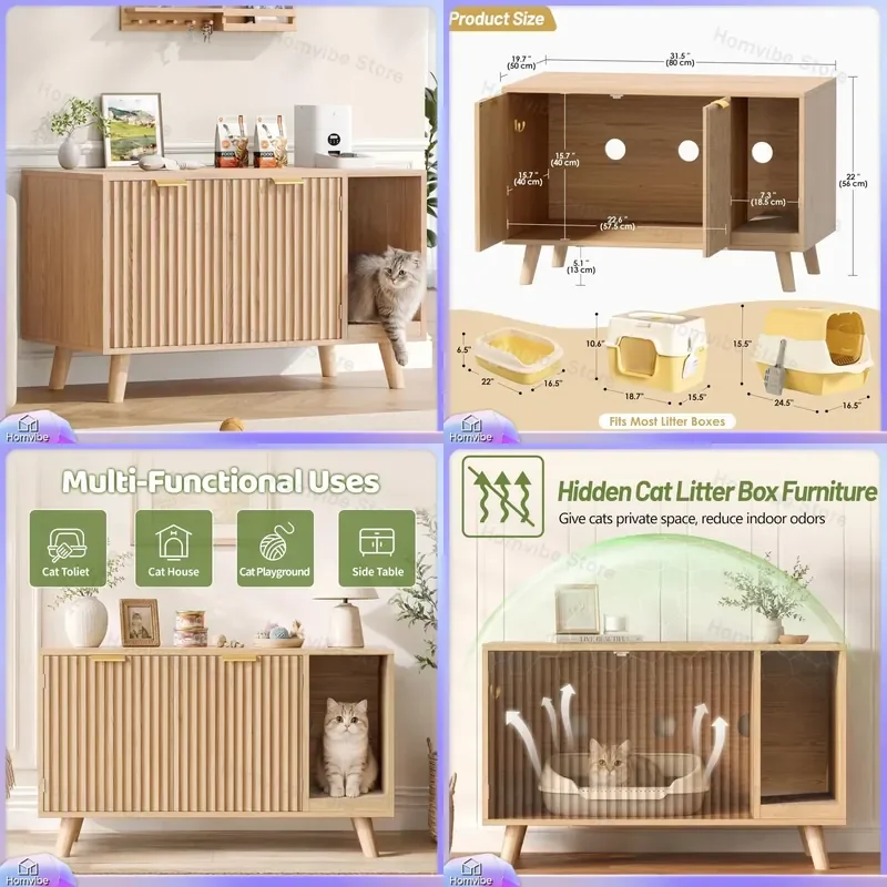 Solid Wood Cat Litter Box Furniture Hidden Vertical Pattern Multi Functional Pet House Indoor Tall Storage Cabinet Low Cross