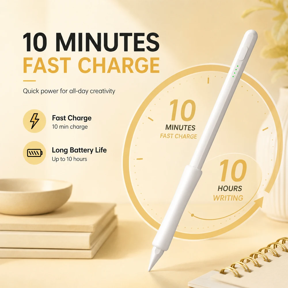 White Stylus Pen for iPad 10Min Fast Charge 10H Writing Palm Rejection Tilt Magnetic LED Battery Auto Sleep Comfort Grip Drawing